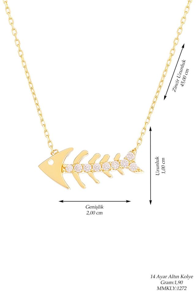 Prenses Pırlanta-14 Ayar Altın Elişi Taşlı Balık Kılçığı Altın Kolye Modeli