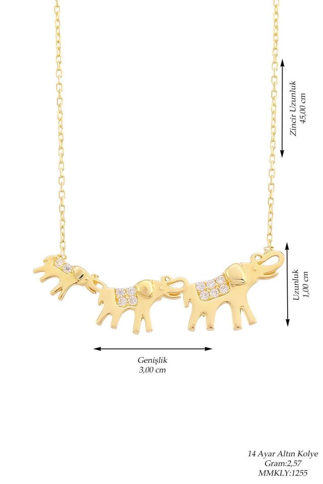 Prenses Pırlanta-14 Ayar Altın 3cm Aile Fil Şans Altın Kolye Modeli