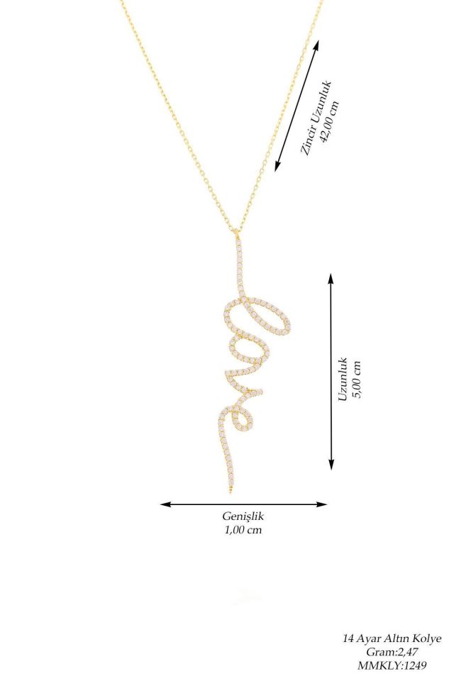 Prenses Pırlanta-14 Ayar Altın 5 cm İmza Modeli Taşlı Love Altın Kolye Modeli