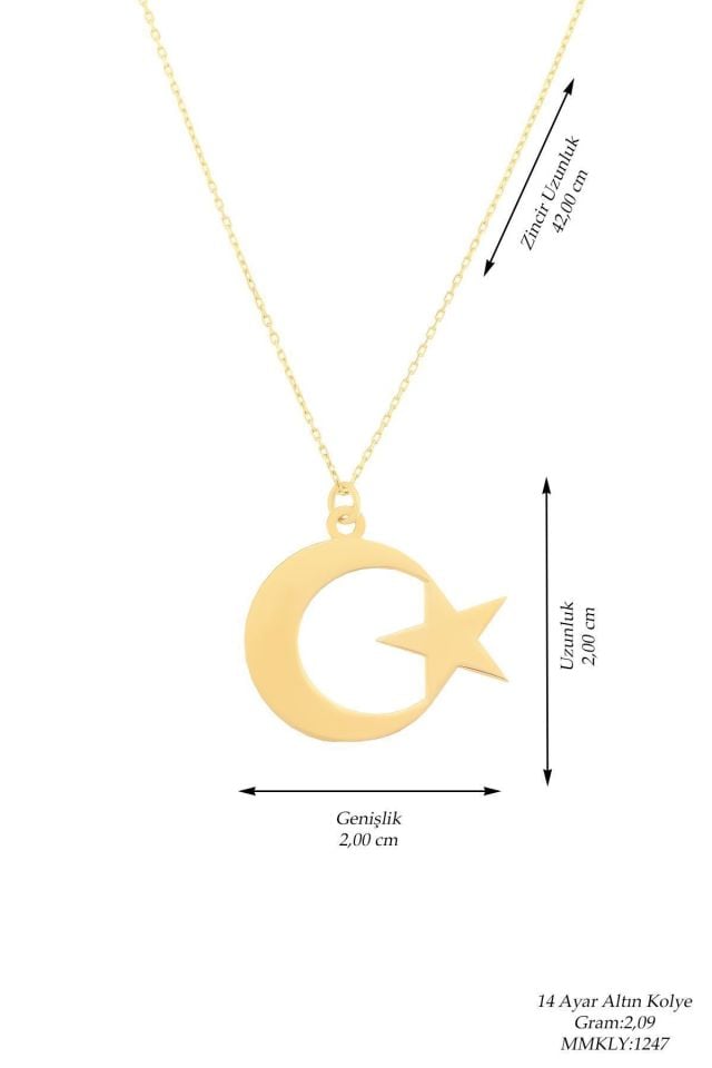 Prenses Pırlanta-14 Ayar Altın  2 cm Ay Yıldız Altın Kolye Modeli