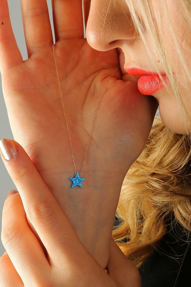 Prenses Pırlanta-14 Ayar Altın Mavi Sedef Opal Taşlı Yıldız Altın Kolye Modeli