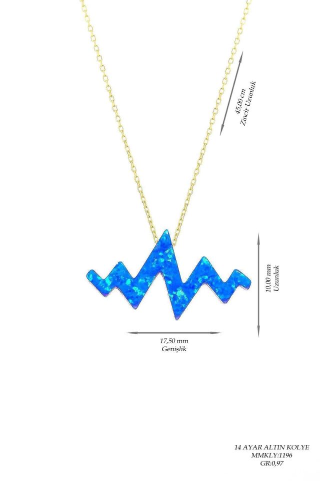 Prenses Pırlanta-14 Ayar Altın Mavi Sedef Opal Taşlı Kalp Ritmi Altın Kolye Modeli