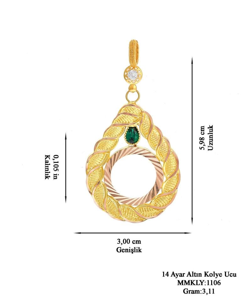 Prenses Pırlanta-14 Ayar Altın Taşlı  Damla Model Çerçeve Altın Kolye Modeli Ucu