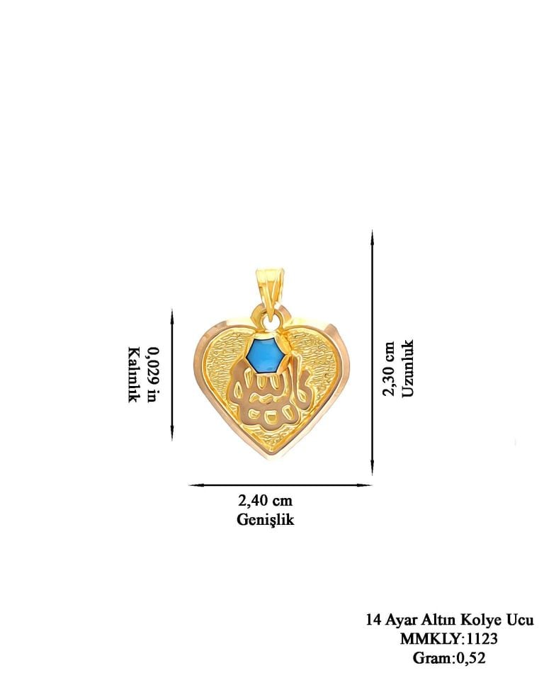 Prenses Pırlanta-14 Ayar Altın Hediyelik Kalp Şekilli Maşallah'lı Mavi Taşlı Altın Kolye Modeli Ucu