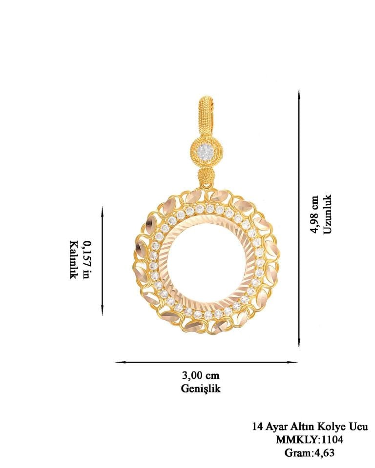 Prenses Pırlanta-14 Ayar Altın Taşlı  Yuvarlak Çerçeve Altın Kolye Modeli Ucu