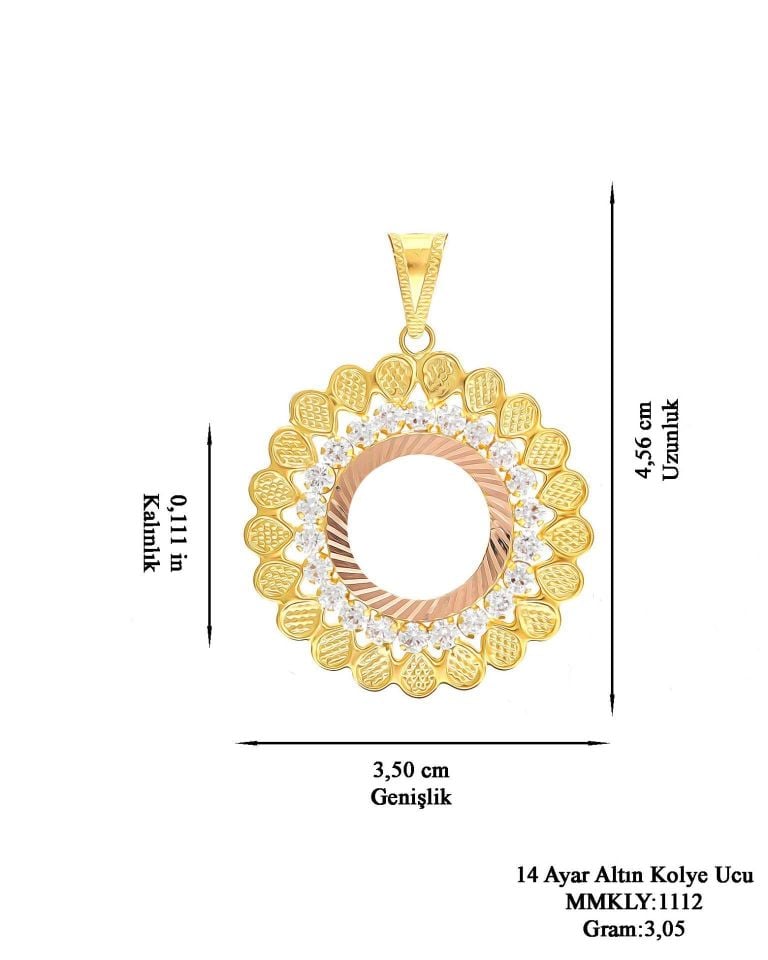 Prenses Pırlanta-14 Ayar Altın Taşlı  Yuvarlak  Model Çerçeve Altın Kolye Modeli Ucu
