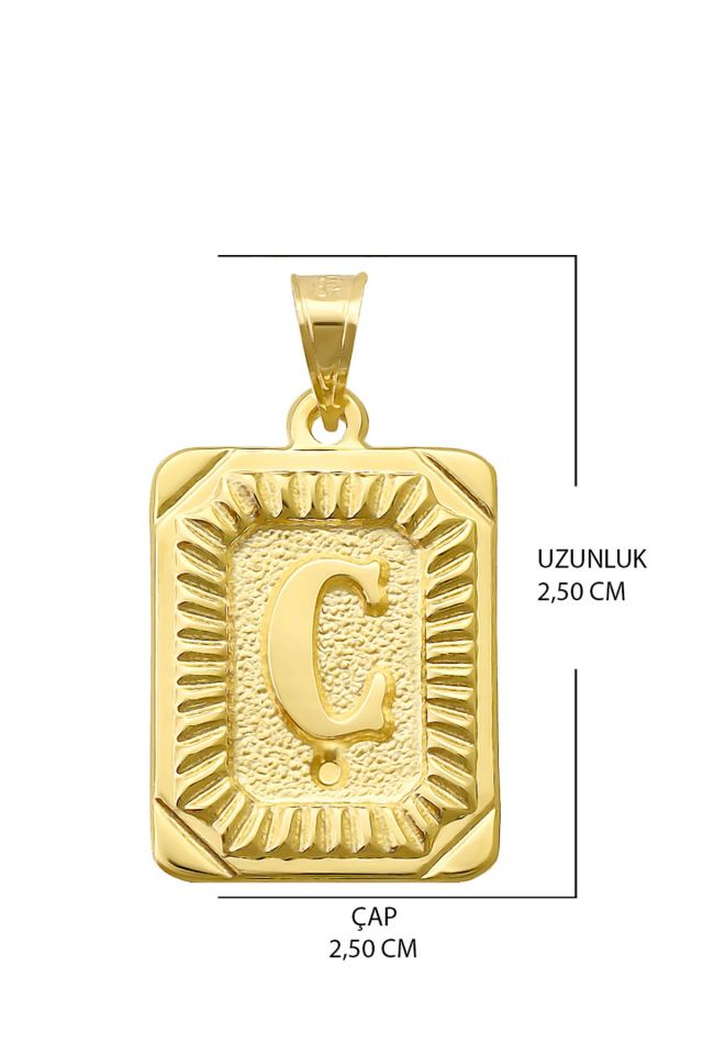 14 Ayar Altın Ç Harfi Kolye Ucu Kare Desenli Harf Zincir Dahil Değildir