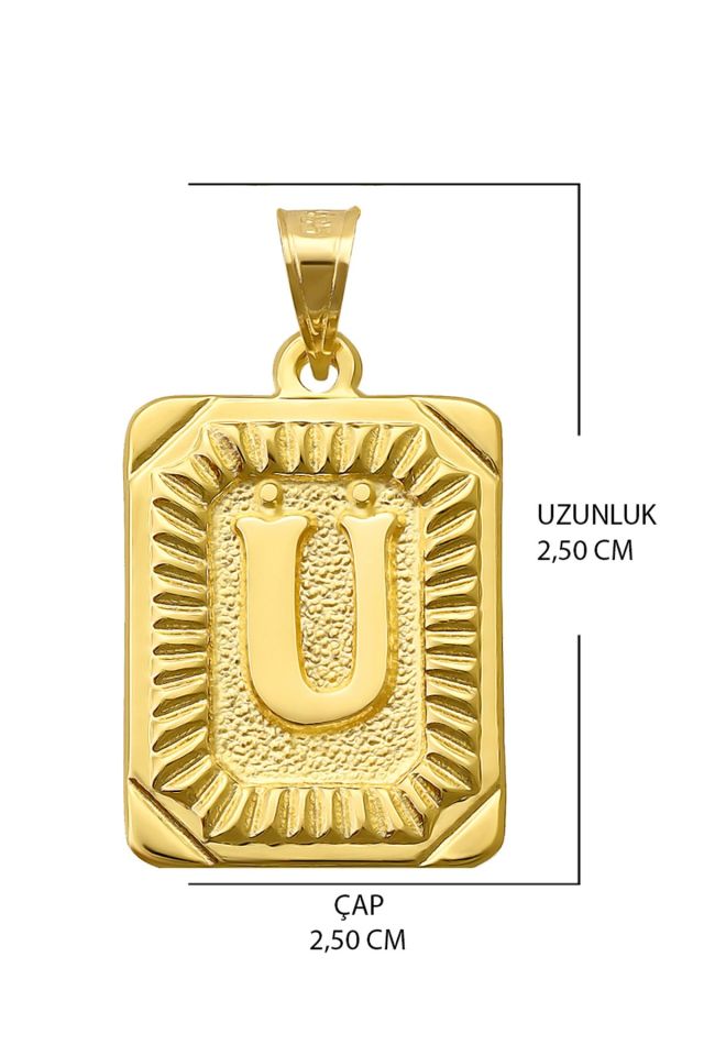 14 Ayar Altın Ü Harfi Kolye Ucu Kare Desenli Harf Zincir Dahil Değildir