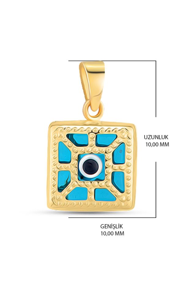 14 Ayar Altın Kolye Nazar Boncuklu Göz Kolye Ucu Kare Motif Desenli Zincir Dahil Değil