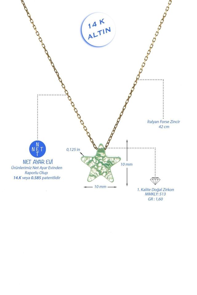 Prenses Pırlanta-Yıldız Desenli Doğal Taş Altın Kolye Modeli 14 Ayar Altın