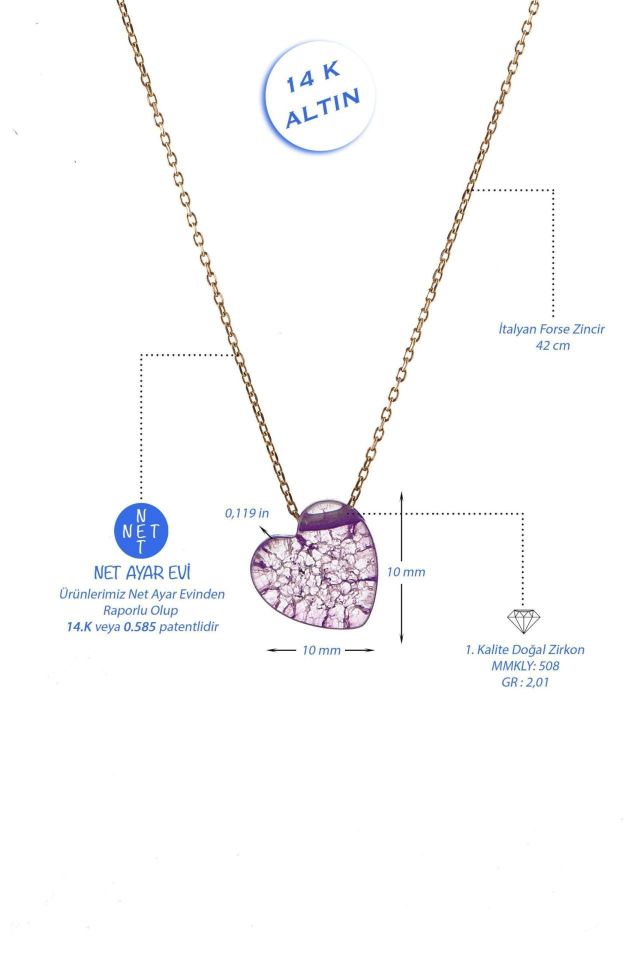 Prenses Pırlanta-Amatist Kalpli Altın Kolye Modeli 14 Ayar Altın