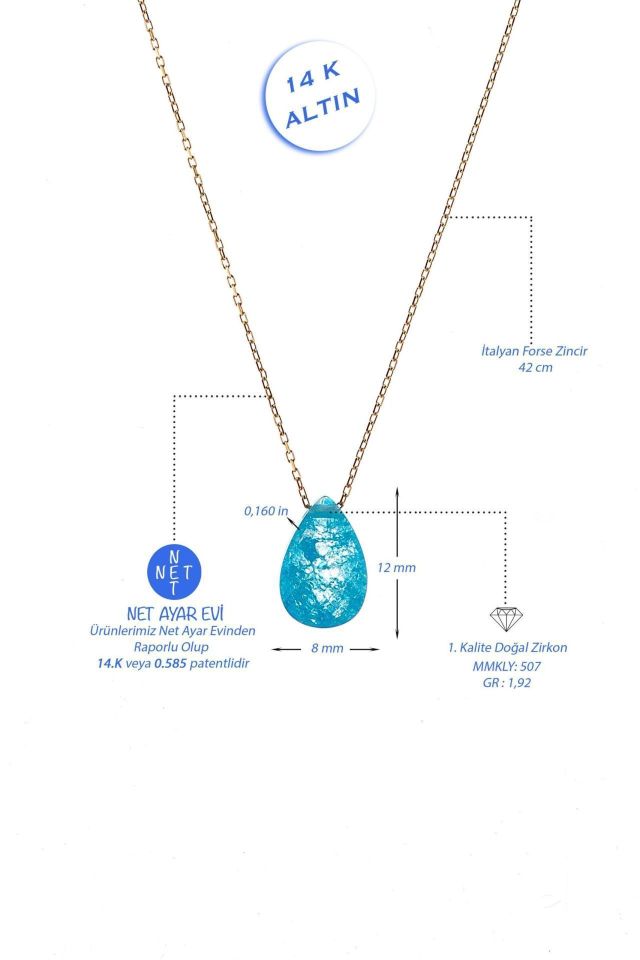 Prenses Pırlanta-Turkuaz Damla Taşlı Altın Kolye Modeli 14 Ayar Altın