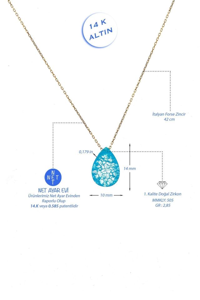 Prenses Pırlanta-Turkuaz Damla Taşlı Altın Kolye Modeli 14 Ayar Altın