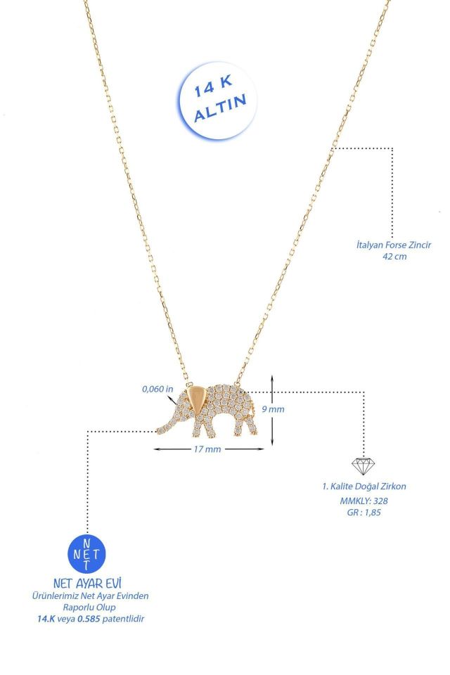 Prenses Pırlanta-Taşlı Fil Altın Kolye Modeli 14 Ayar Altın