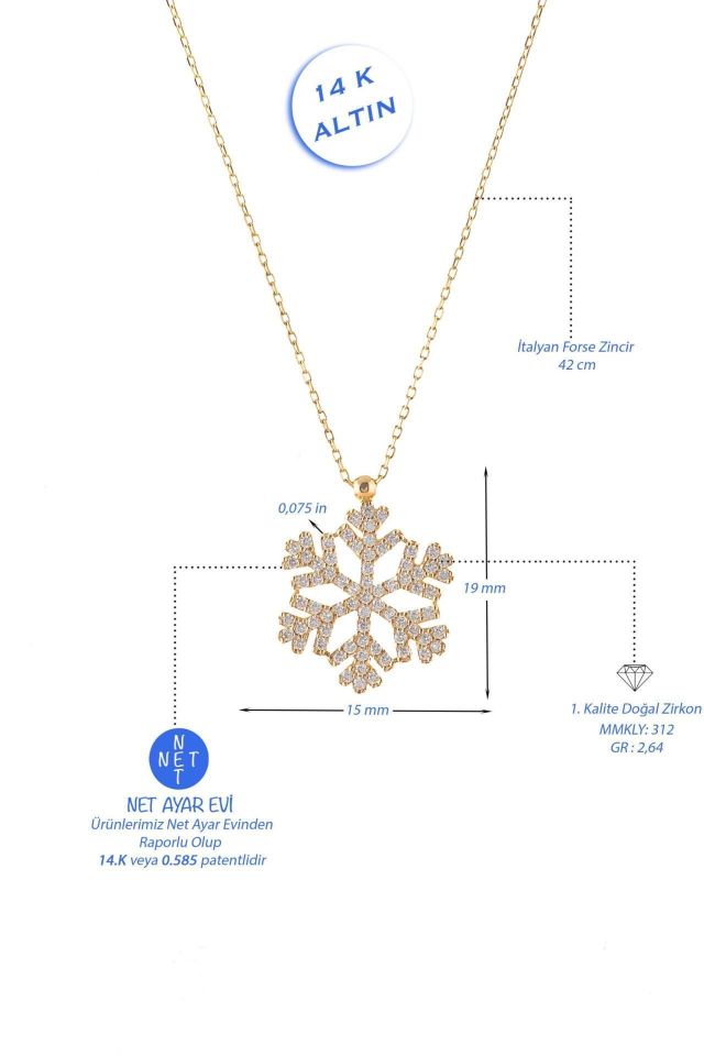 Prenses Pırlanta-Taşlı  Kar Tanesi Altın Kolye Modeli 14 Ayar Altın
