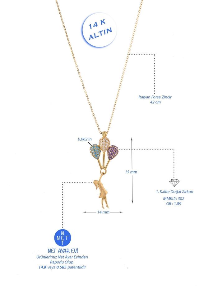 Prenses Pırlanta-Renkli Taşlı Uçan Balon Figürlü Altın Kolye Modeli 14 Ayar Altın