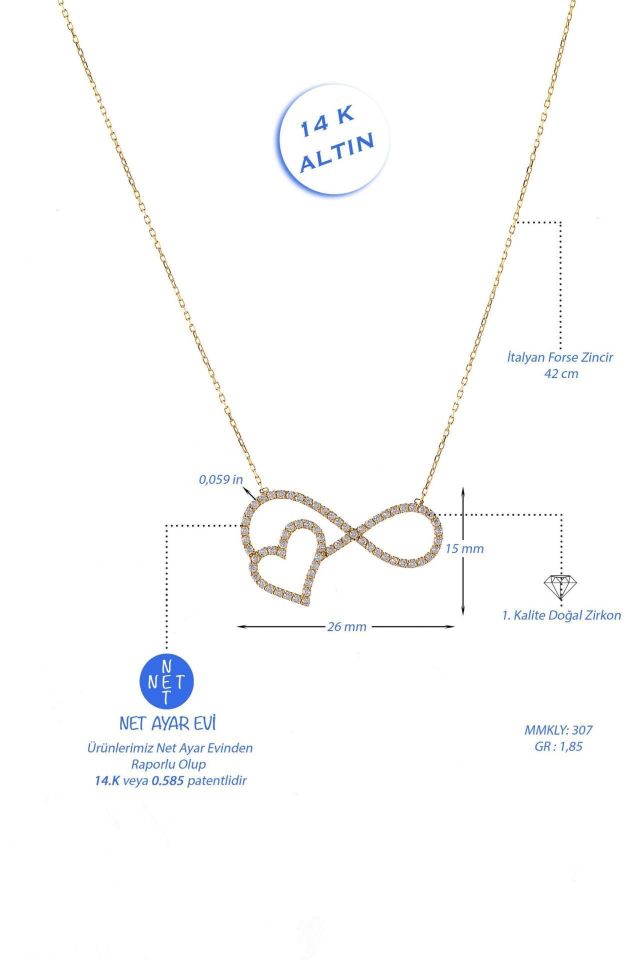 Prenses Pırlanta-Sonsuzluk Ve Kalp Altın Kolye Modeli 14 Ayar Altın