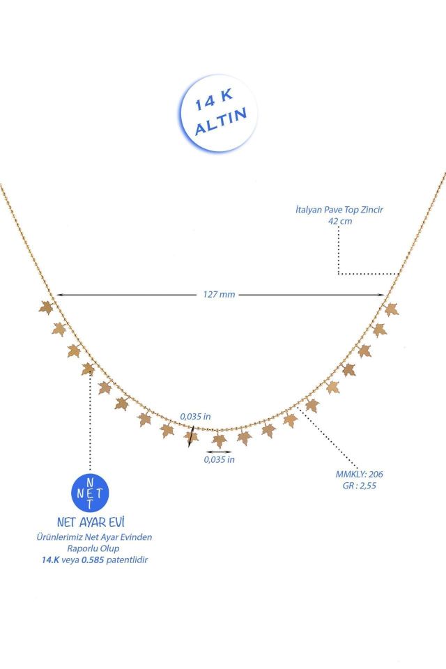 Prenses Pırlanta-Sıralı Çınar Yaprağı Altın Kolye Modeli 14 Ayar Altın