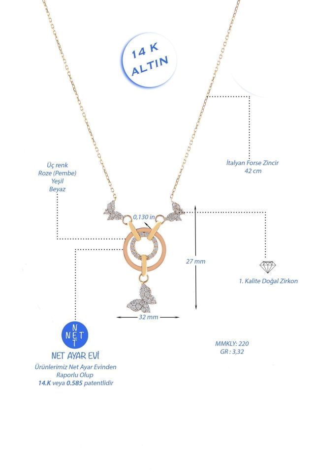 Prenses Pırlanta-Yeşil Beyaz Rose Üç Renk Kelebek Altın Kolye Modeli 14 Ayar Altın