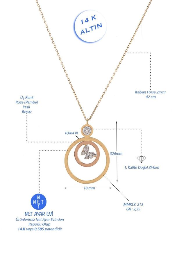 Prenses Pırlanta-Yeşil Beyaz Rose Üç Renk Kelebekli Altın Kolye Modeli 14 Ayar Altın