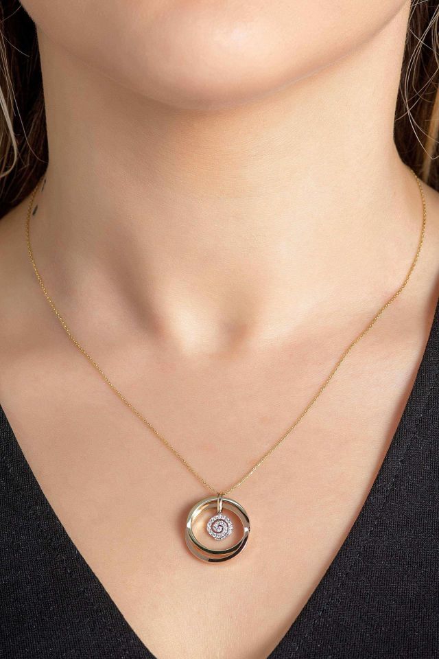 Prenses Pırlanta-Yeşil Beyaz Rose Üç Renk Altın Kolye Modeli 14 Ayar Altın