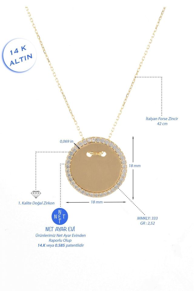 Prenses Pırlanta-Plakalı Taşlı Altın Kolye Modeli 14 Ayar Altın