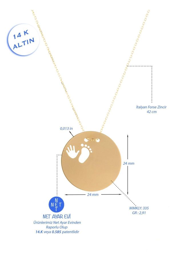 Prenses Pırlanta-El Ayak Desenli Plakalı Altın Kolye Modeli 14 Ayar Altın