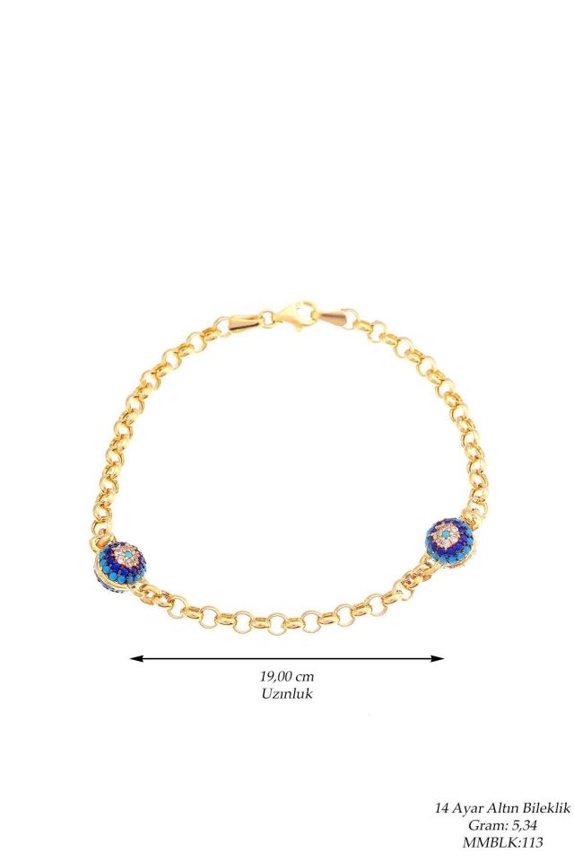 Prenses Pırlanta-14 Ayar Altın  Firuze Göz Nazar Altın Bileklik Modeli
