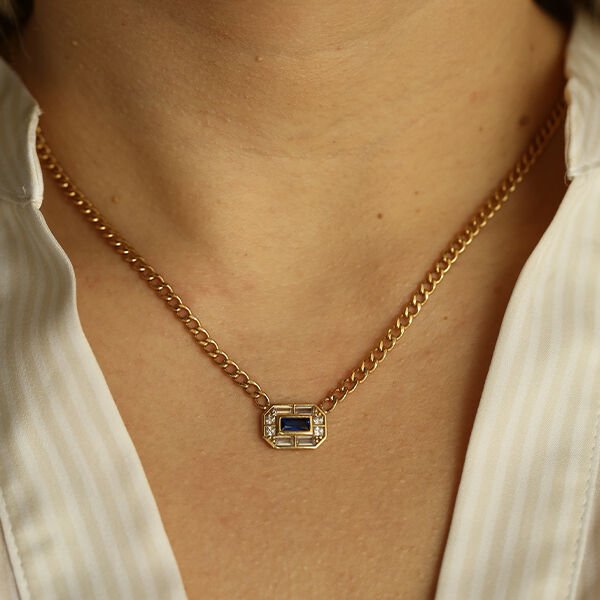 Navy Blue safir  Detaylı Altın Kolye