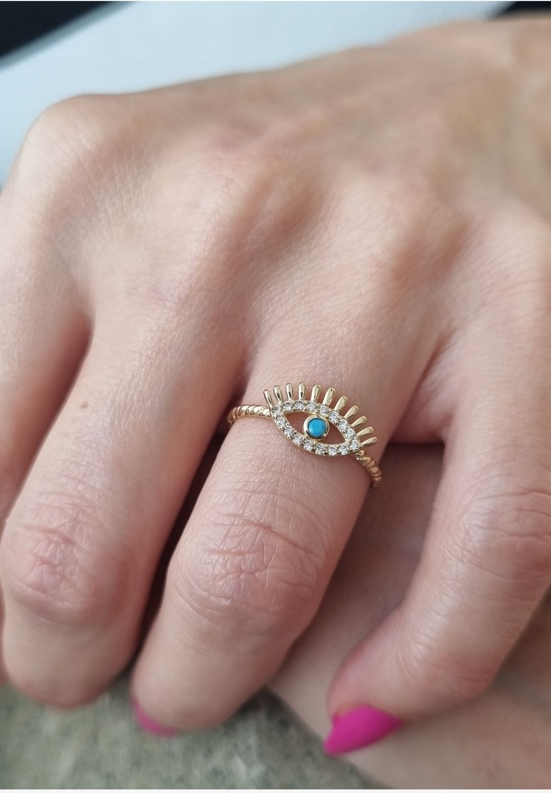 Firuze Taşlı 14 Ayar Altın  Eyelash yüzük