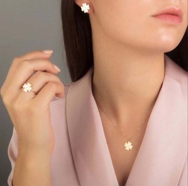 14 Ayar Altın Yonca Taşlı Üçlü Roze Altın Set