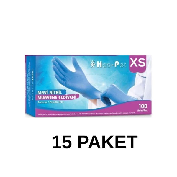 Has-Pet Mavi Pudrasız Nitril Muayene Eldiveni XS 100 Lü 15 Paket