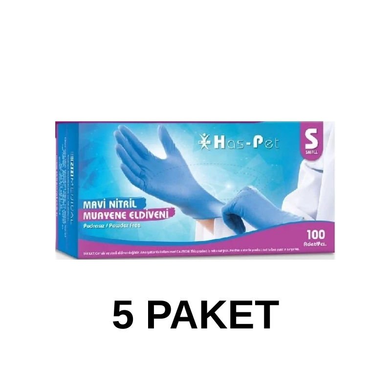 Has-Pet Mavi Pudrasız Nitril Muayene Eldiveni Small 100 Lü 5 Paket
