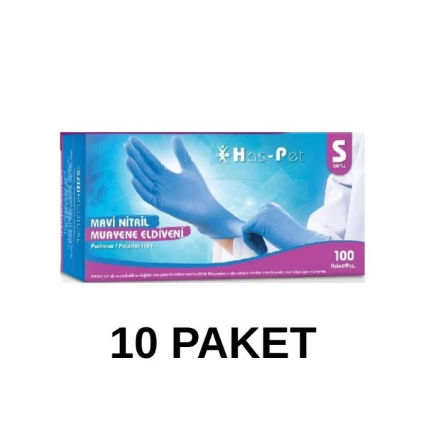 Has-Pet Mavi Pudrasız Nitril Muayene Eldiveni Small 100 Lü 10 Paket