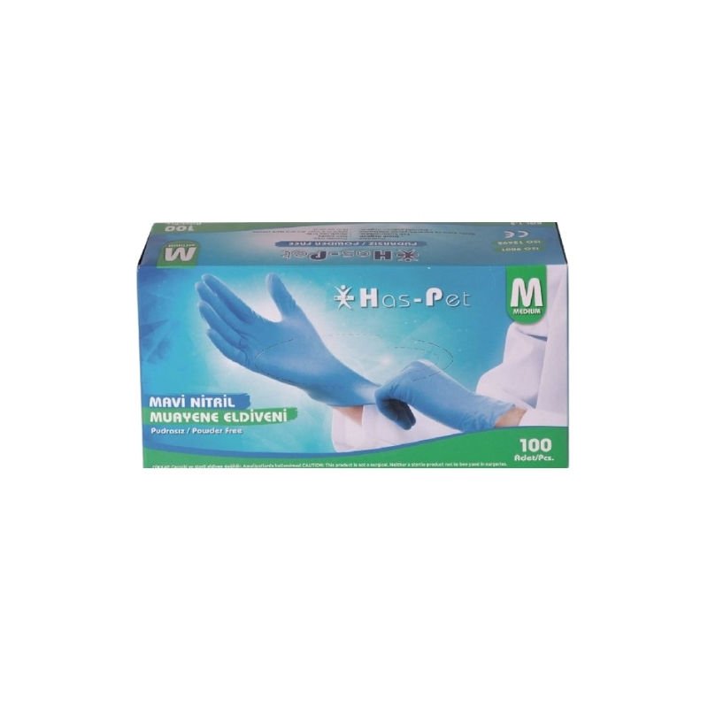 Has-Pet Blue Powder-Free Nitrile Examination Gloves Medium 100 Pcs