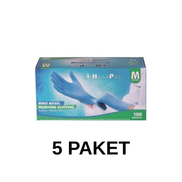 Has-Pet Mavi Pudrasız Nitril Muayene Eldiveni Medium 100 Lü 5 Paket