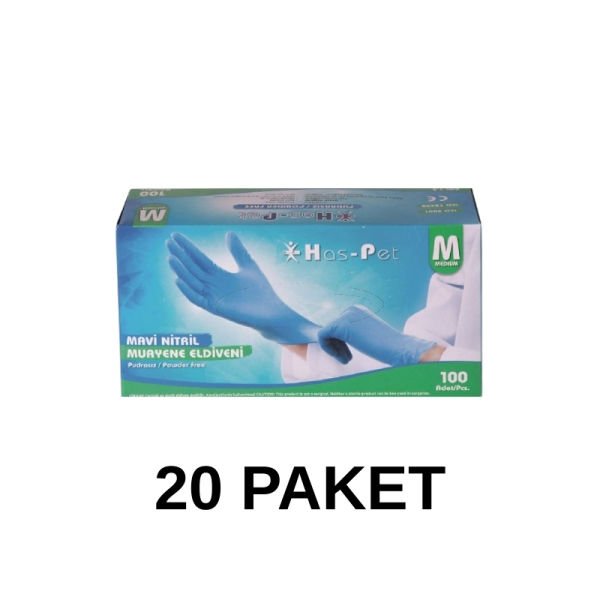 Has-Pet Mavi Pudrasız Nitril Muayene Eldiveni Medium 100 Lü 20 Paket