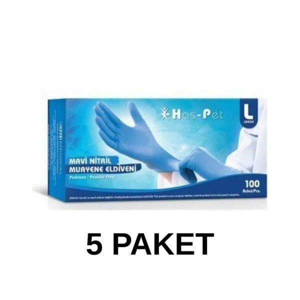 Has-Pet Mavi Pudrasız Nitril Muayene Eldiveni Large 100 Lü 5 Paket