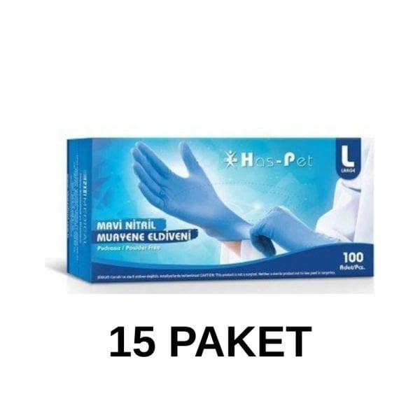 Has-Pet Mavi Pudrasız Nitril Muayene Eldiveni Large 100 Lü 15 Paket