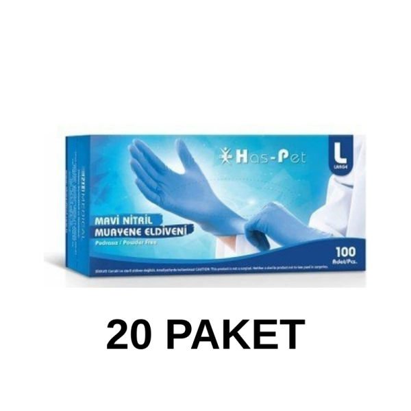 Has-Pet Mavi Pudrasız Nitril Muayene Eldiveni Large 100 Lü 20 Paket