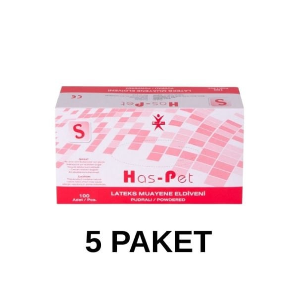 Has-Pet Pudralı Lateks Muayene Eldiveni Small 100 Lü 5 Paket