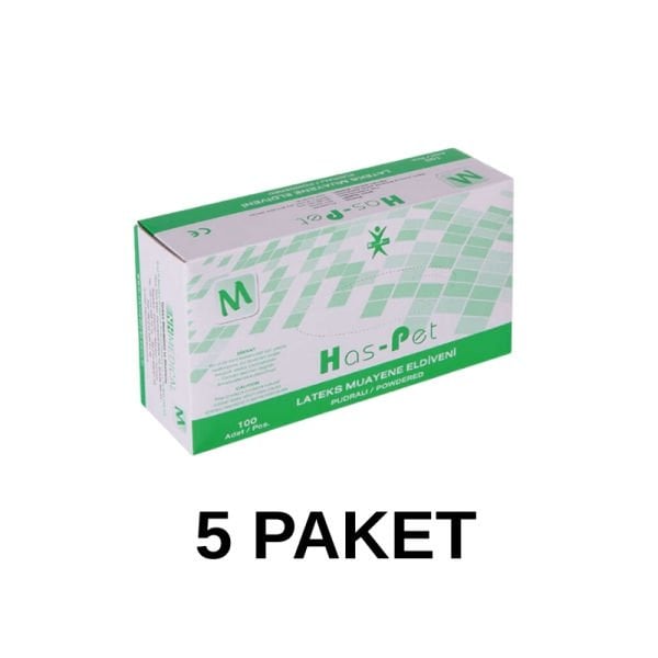 Has-Pet Pudralı Lateks Muayene Eldiveni Medium 100 Lü 5 Paket