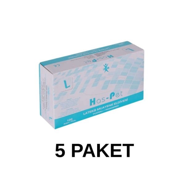 Has-Pet Pudralı Lateks Muayene Eldiveni Large 100 Lü 5 Paket