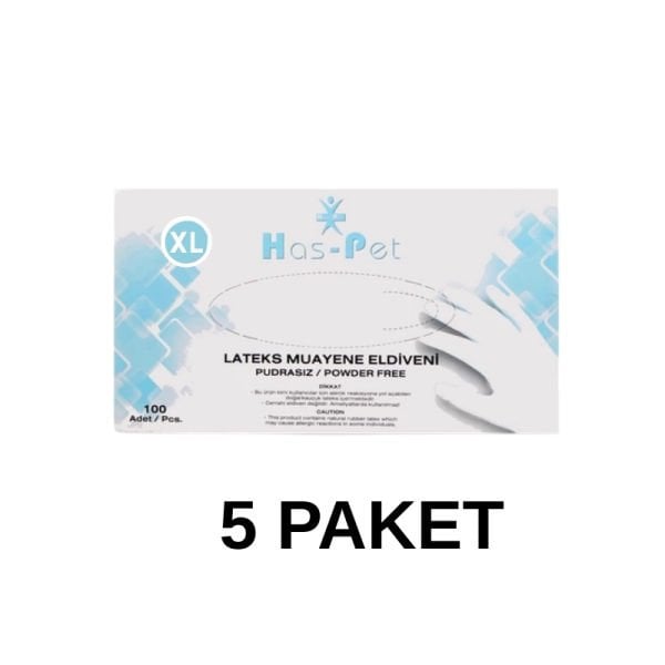 Has-Pet Pudrasız Lateks Muayene Eldiveni XL 100 Lü 5 Paket