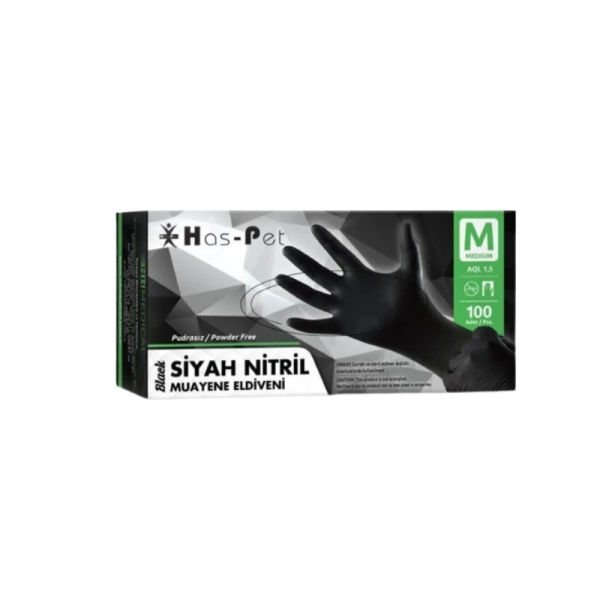 Has-Pet Siyah Pudrasız Nitril Muayene Eldiveni Medium 100 Lü