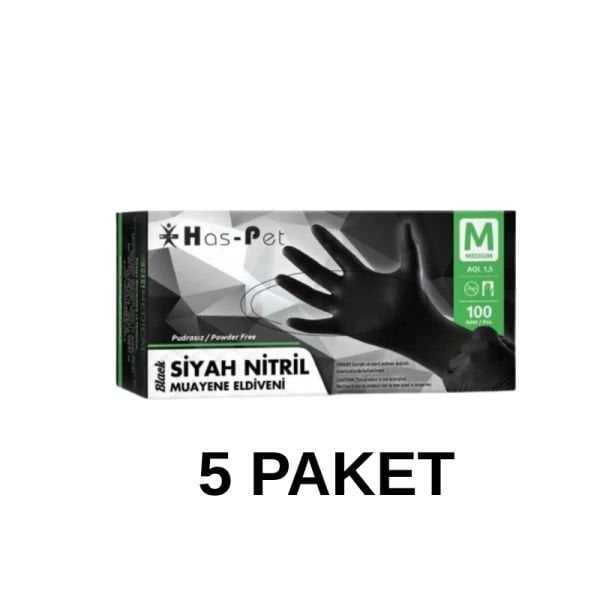 Has-Pet Siyah Pudrasız Nitril Muayene Eldiveni Medium 100 Lü 5 Paket