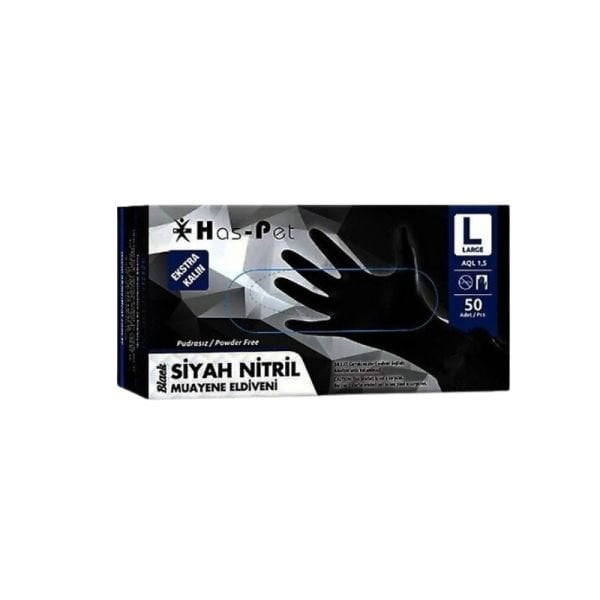 Has-Pet Siyah Pudrasız Nitril Ekstra Kalın Muayene Eldiveni Large  50 Li