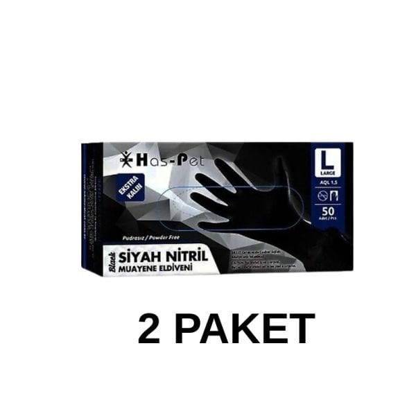 Has-Pet Siyah Pudrasız Nitril Ekstra Kalın Muayene Eldiveni Large  50 Li 2 Paket