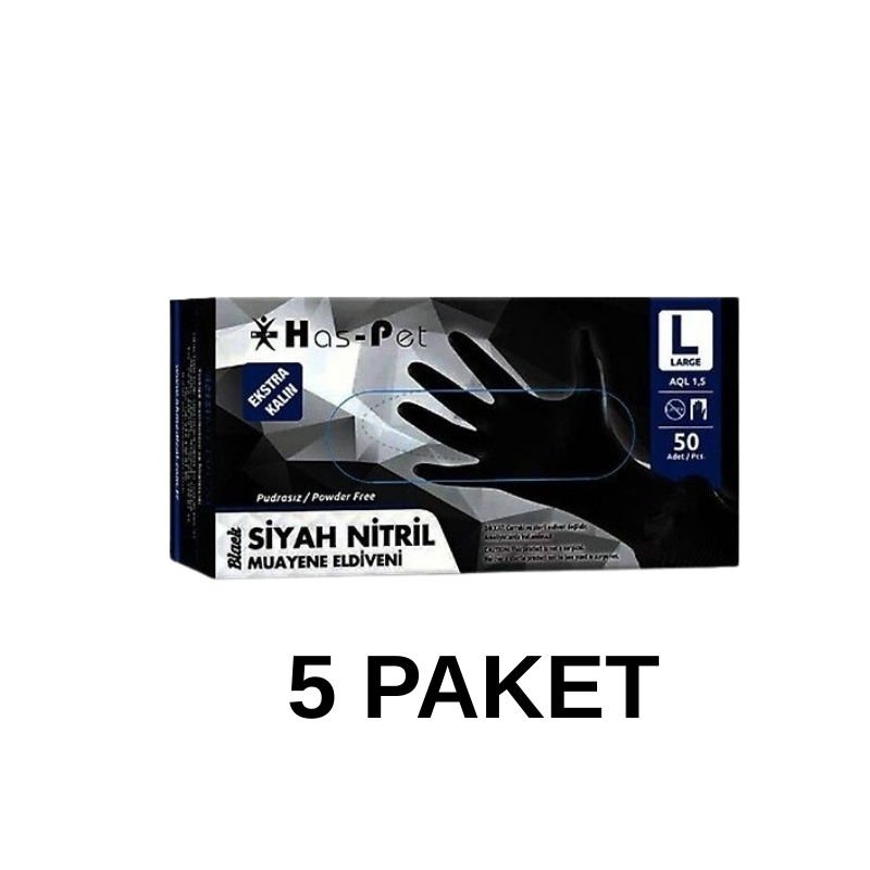 Has-Pet Siyah Pudrasız Nitril Ekstra Kalın Muayene Eldiveni Large  50 Li 5 Paket