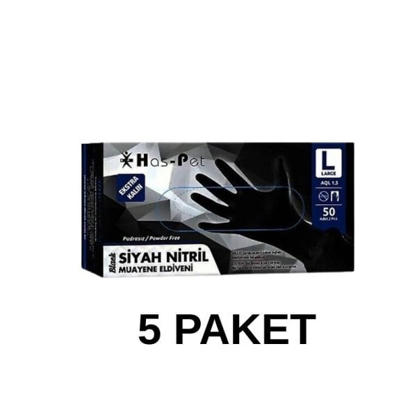 Has-Pet Siyah Pudrasız Nitril Ekstra Kalın Muayene Eldiveni Large  50 Li 5 Paket